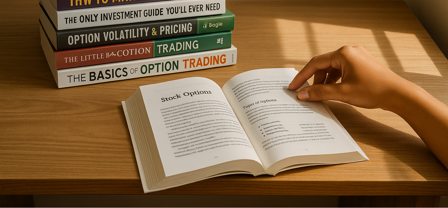 Stack of books on financial and trading topics with a hand holding an open book.
